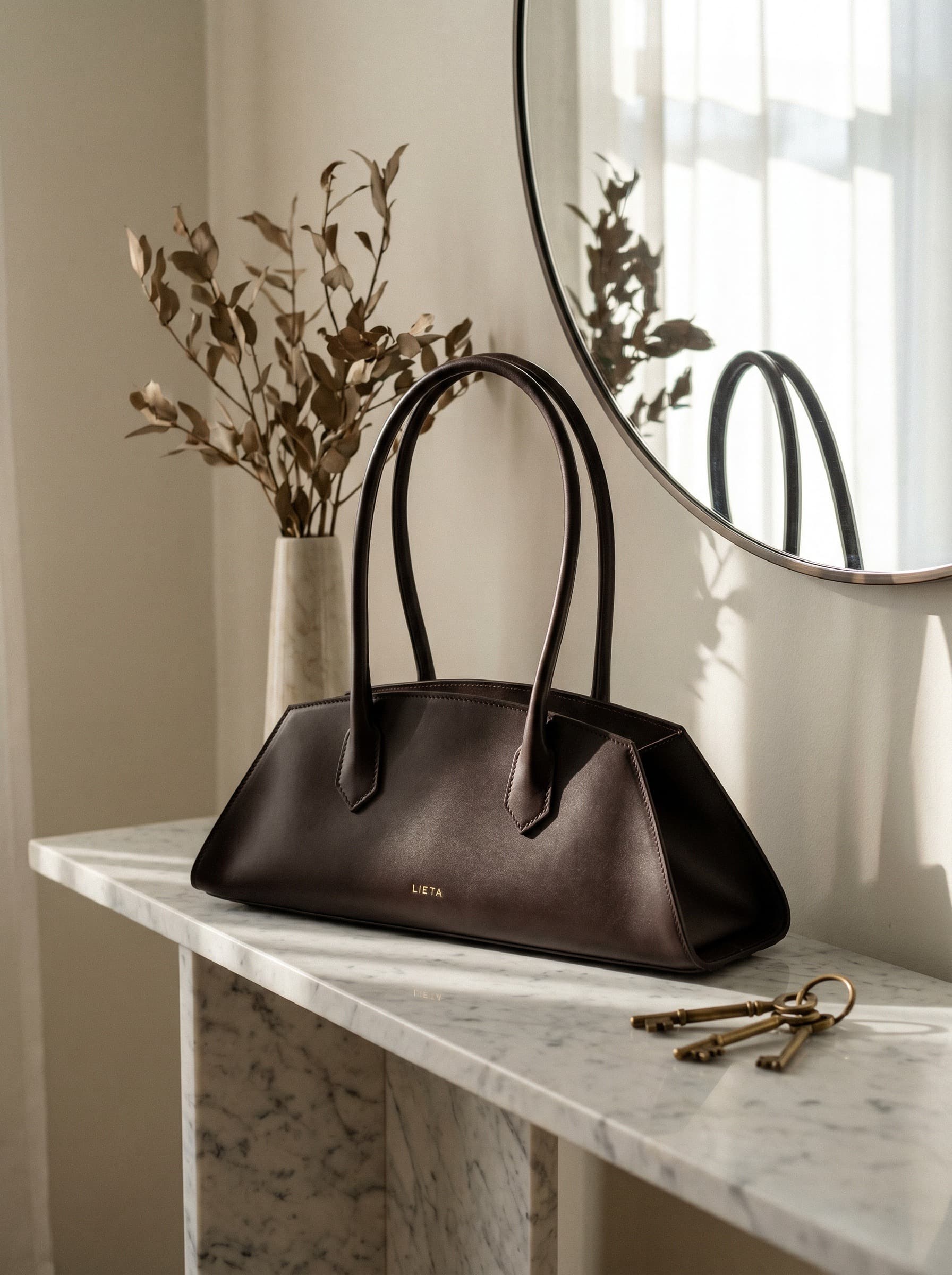 The Lungo in chocolate Italian calf leather on a marble console — showing the depth of properly aged leather.