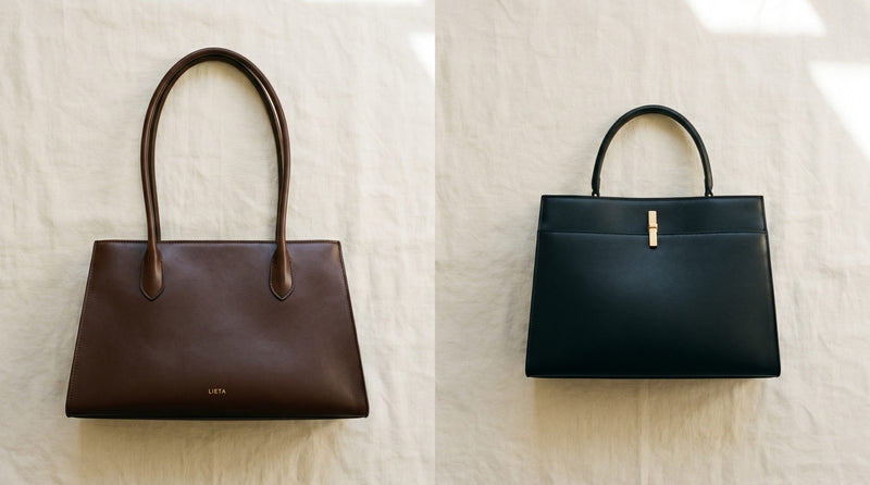 The Lungo in chocolate Italian Buttero leather alongside the editorial register Strathberry is known for — structured east-west top-handle silhouette in full-grain leather.