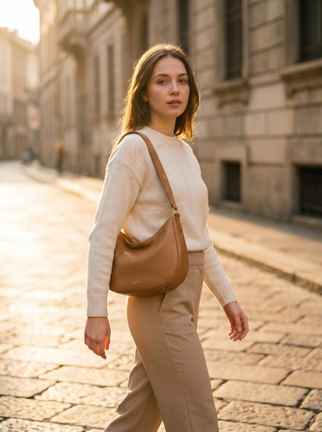 The Abbraccio in Camel — worn on a Milan street