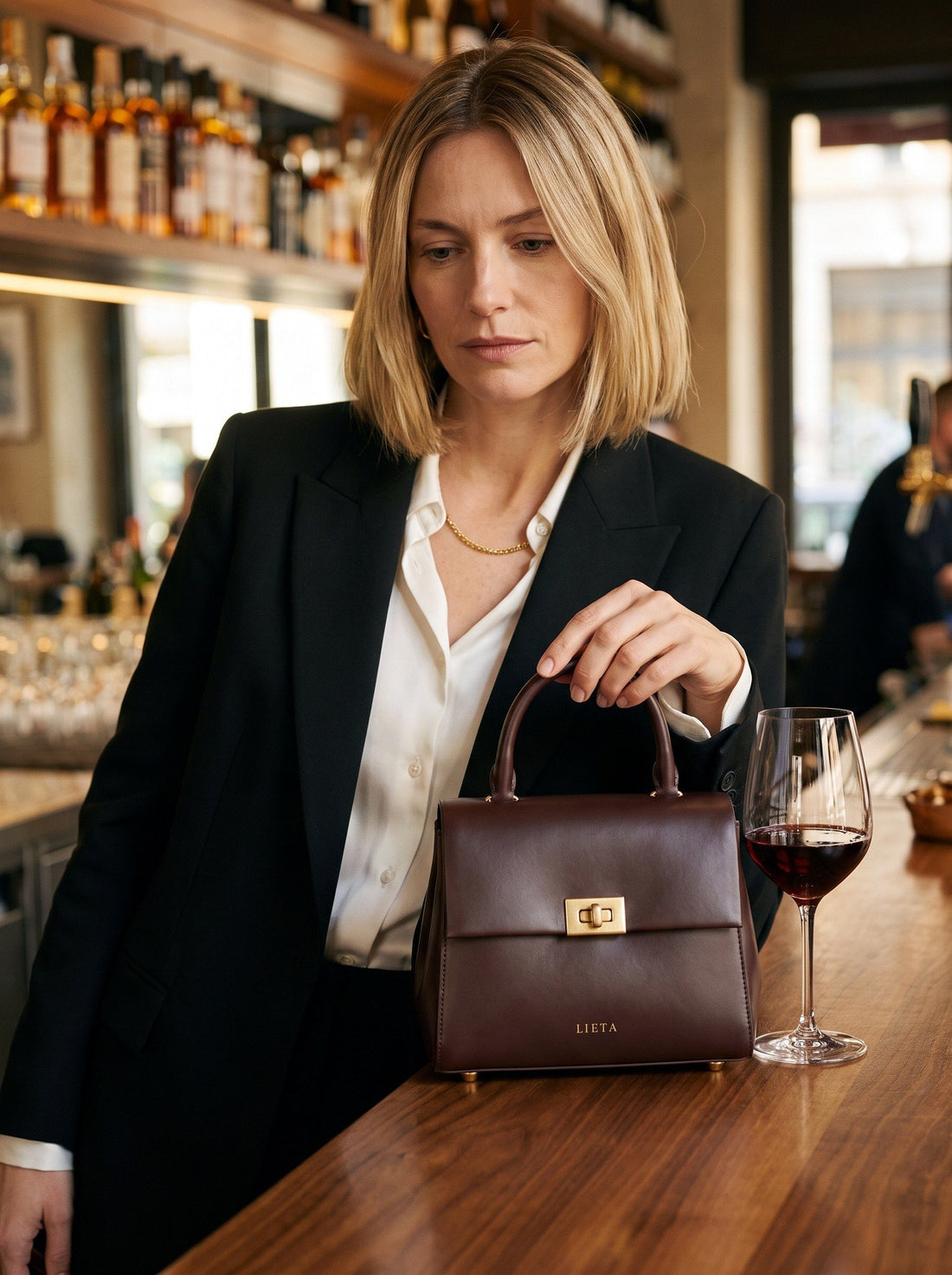 The Piazza in Chocolate — worn at a Milan wine bar