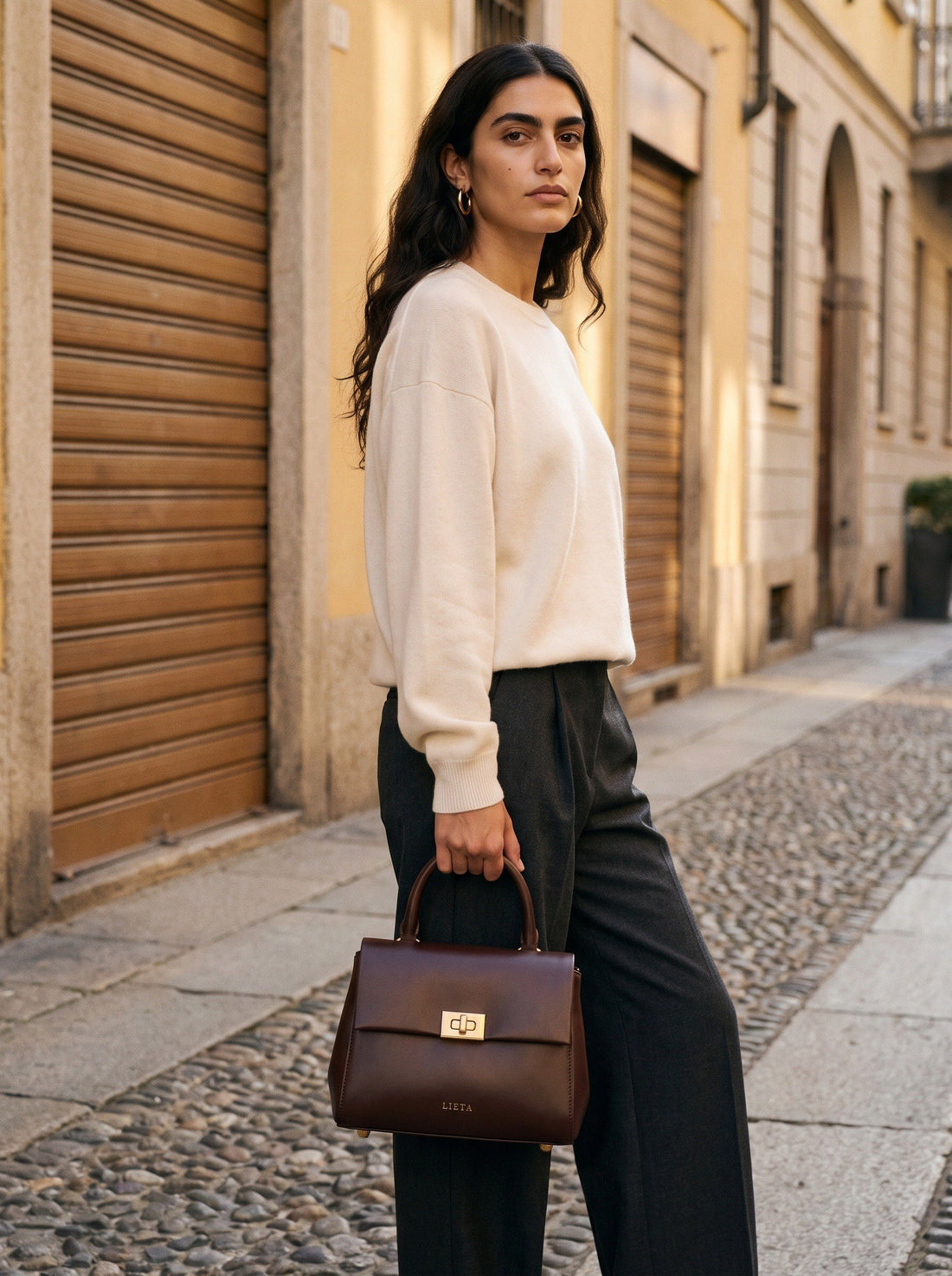 The Piazza in Chocolate — worn on a Brera side street