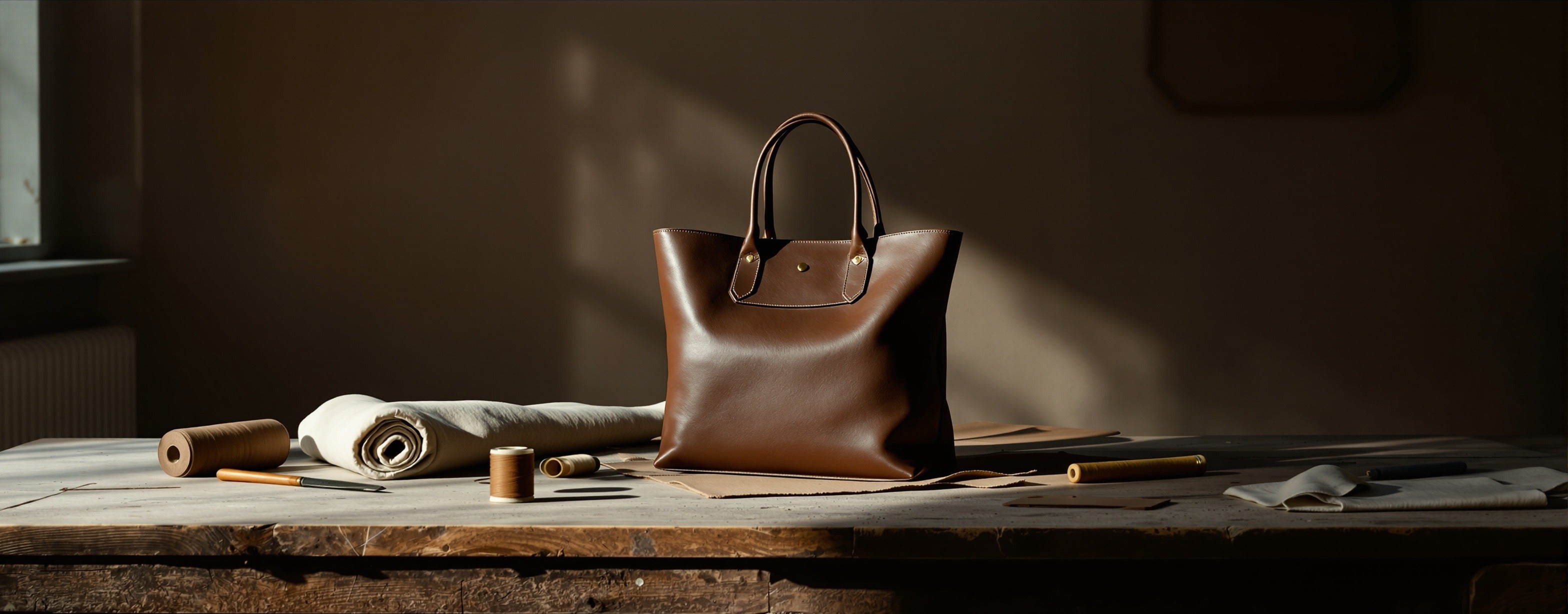 Hand-stitched LIETA Milano leather handbag on an atelier bench in Florence